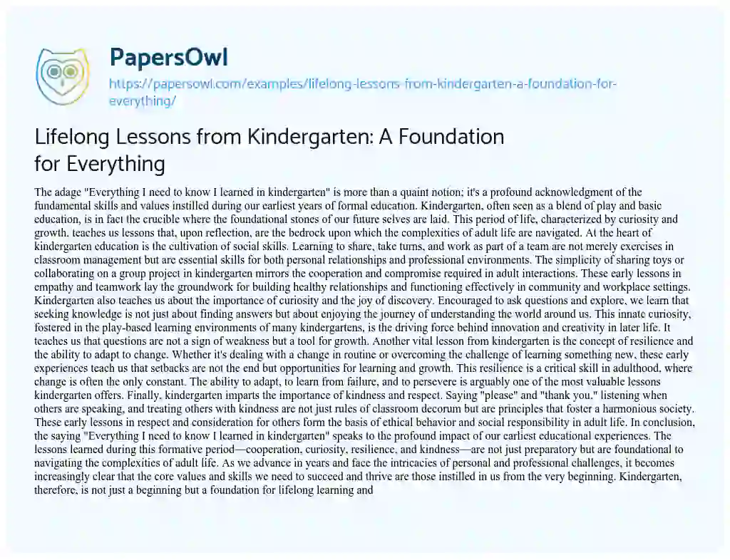 Essay on Lifelong Lessons from Kindergarten: a Foundation for Everything