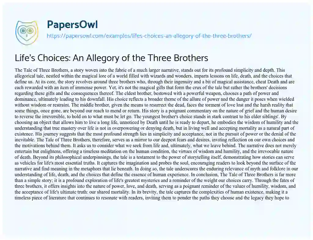 Essay on Life’s Choices: an Allegory of the Three Brothers