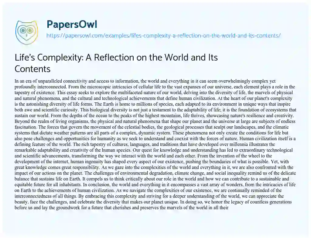 Essay on Life’s Complexity: a Reflection on the World and its Contents