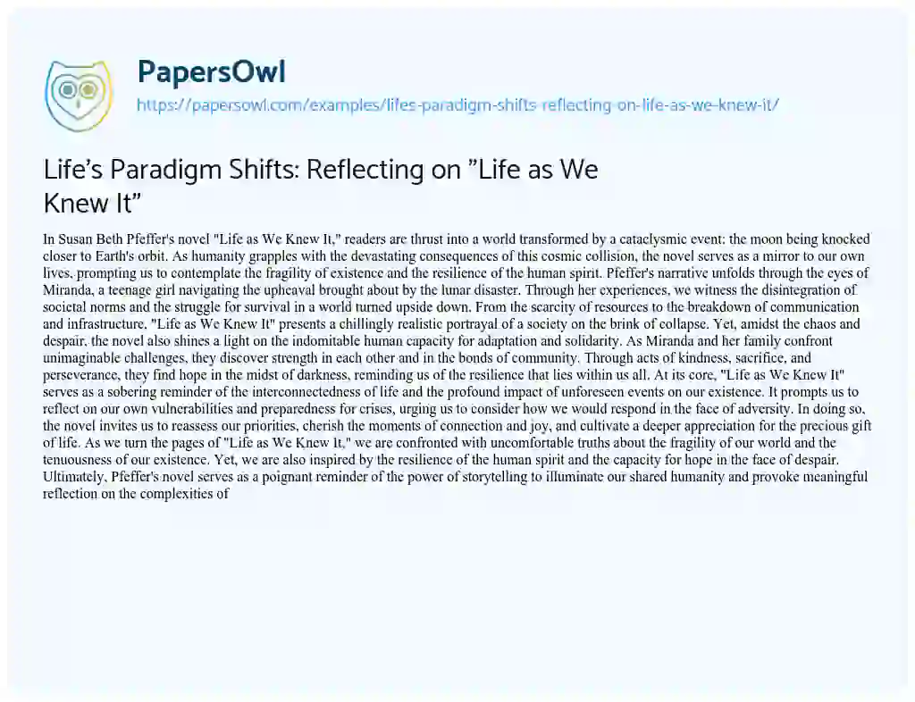 Essay on Life’s Paradigm Shifts: Reflecting on “Life as we Knew It”