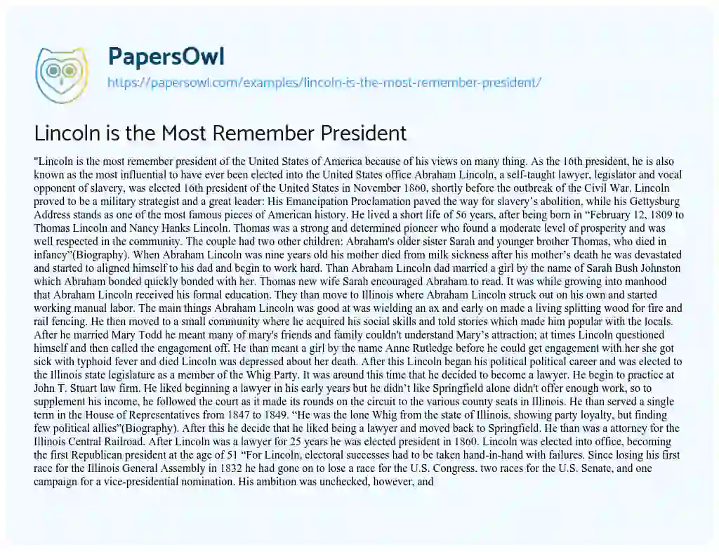 Essay on Lincoln is the most Remember President