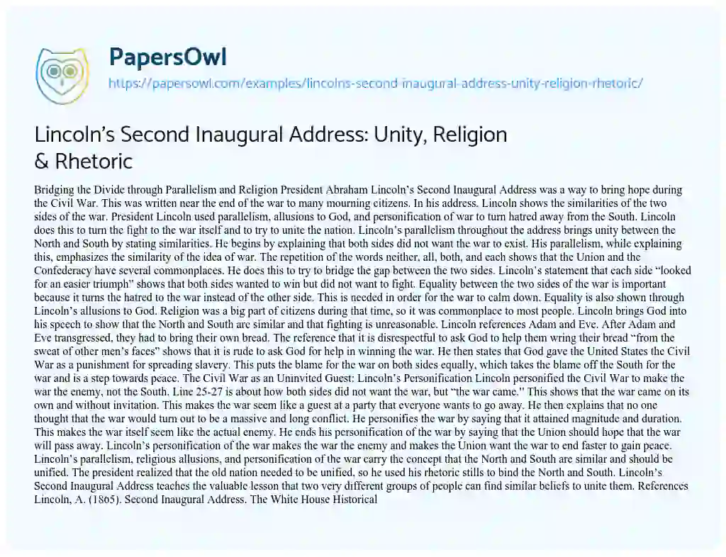 Essay on Lincoln’s Second Inaugural Address: Unity, Religion & Rhetoric