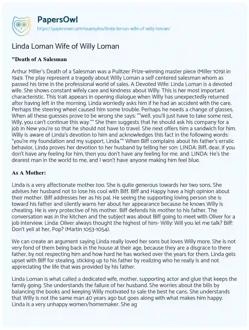 Linda Loman Wife of Willy Loman essay