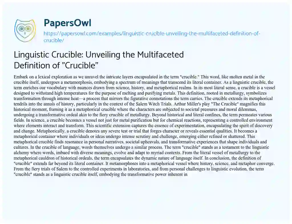 Essay on Linguistic Crucible: Unveiling the Multifaceted Definition of “Crucible”