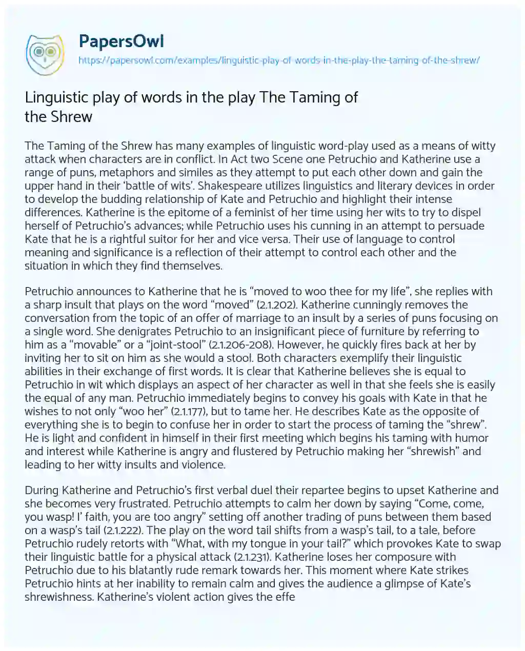 Essay on Linguistic Play of Words in the Play the Taming of the Shrew