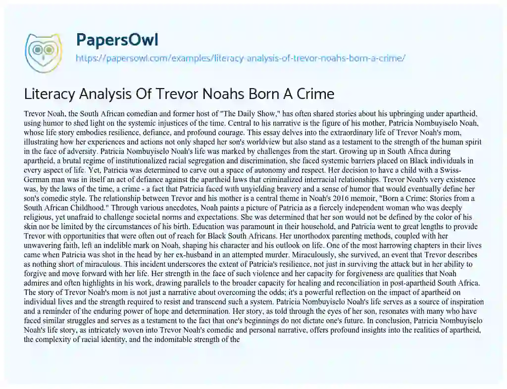 Essay on Literacy Analysis of Trevor Noahs Born a Crime