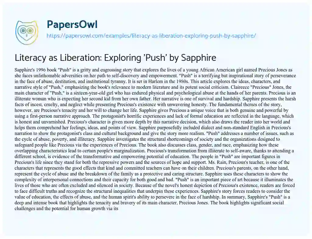 Essay on Literacy as Liberation: Exploring ‘Push’ by Sapphire