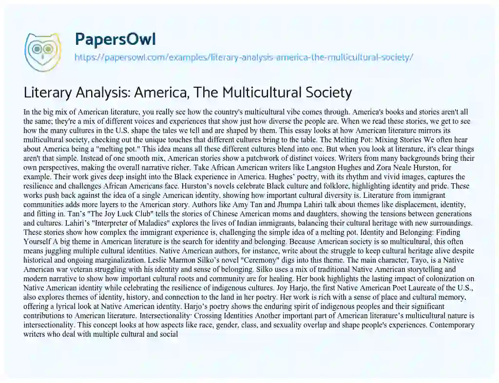 Essay on Literary Analysis: America, the Multicultural Society