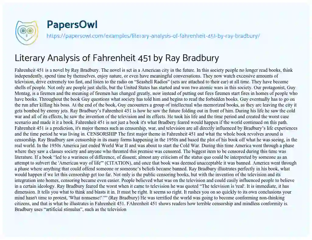 Essay on Literary Analysis of Fahrenheit 451 by Ray Bradbury