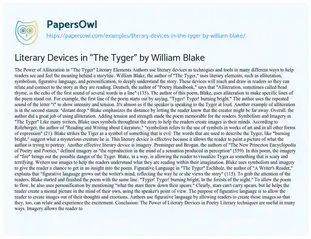 Essay on Literary Devices in “The Tyger” by William Blake