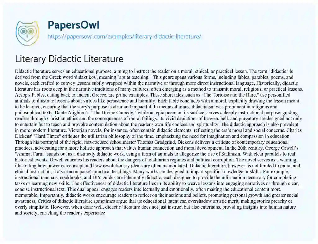 Literary Didactic Literature - Free Essay Example - 575 Words ...