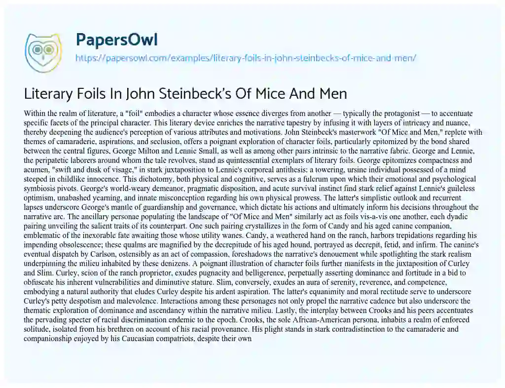 Essay on Literary Foils In John Steinbeck’s Of Mice And Men