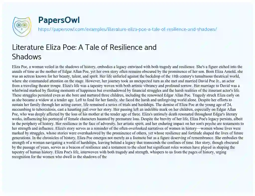 Essay on Literature Eliza Poe: a Tale of Resilience and Shadows