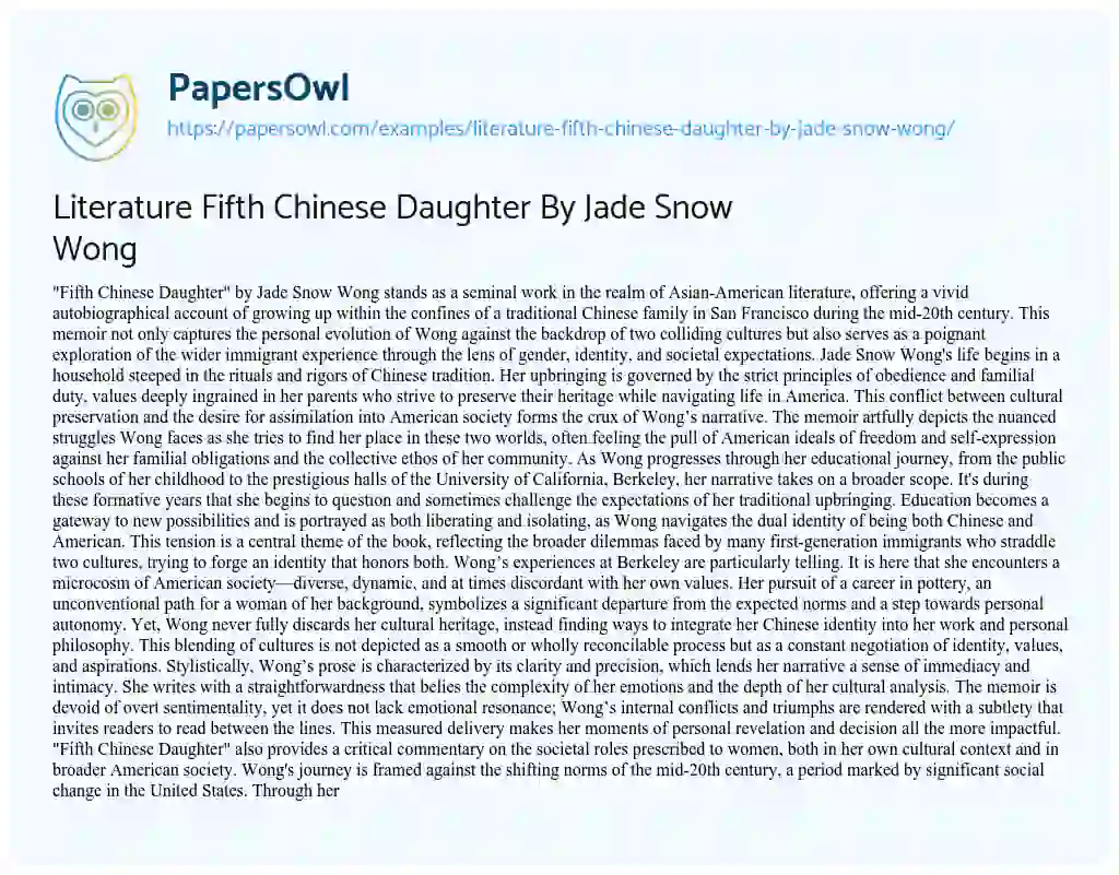 Essay on Literature Fifth Chinese Daughter by Jade Snow Wong