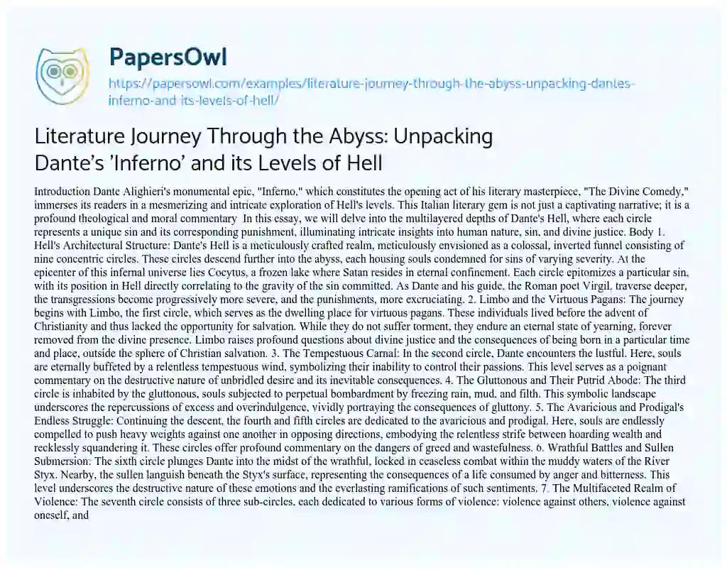 Essay on Literature Journey through the Abyss: Unpacking Dante’s ‘Inferno’ and its Levels of Hell