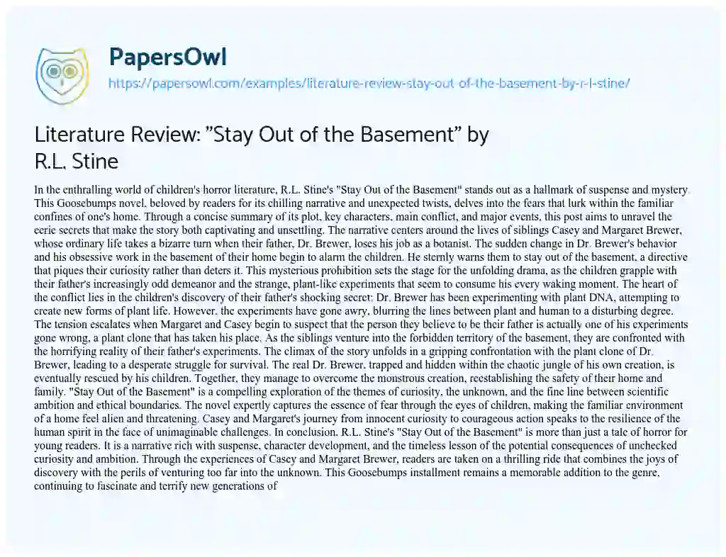 Essay on Literature Review: “Stay Out of the Basement” by R.L. Stine