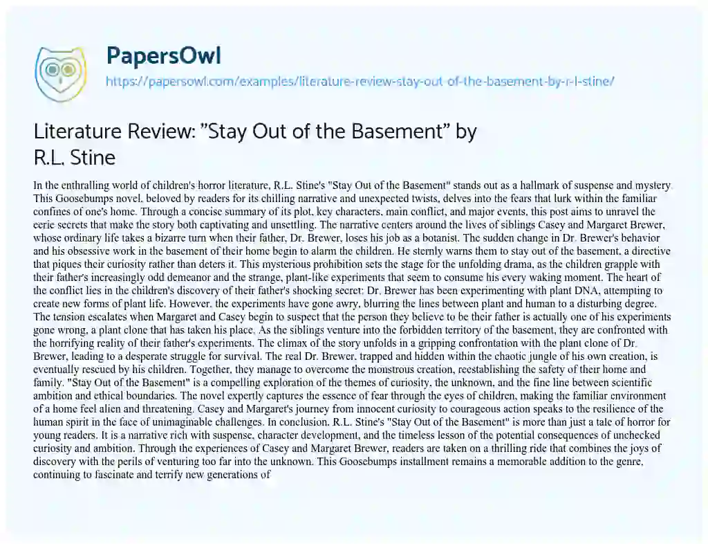 Essay on Literature Review: “Stay out of the Basement” by R.L. Stine