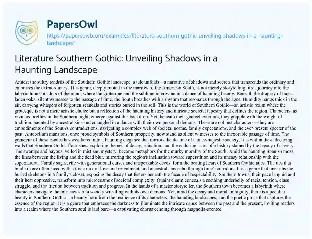 Essay on Literature Southern Gothic: Unveiling Shadows in a Haunting Landscape