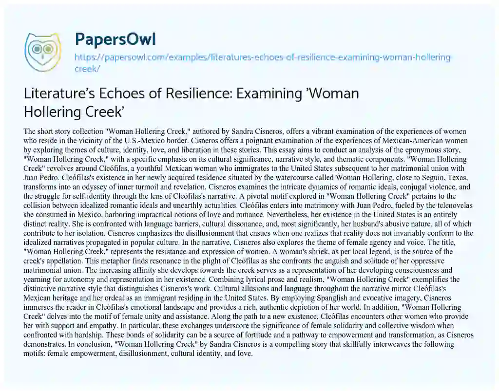 Essay on Literature’s Echoes of Resilience: Examining ‘Woman Hollering Creek’