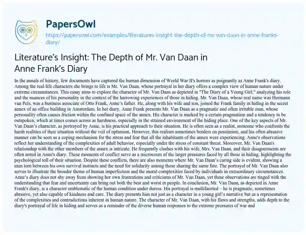 Essay on Literature’s Insight: the Depth of Mr. Van Daan in Anne Frank’s Diary