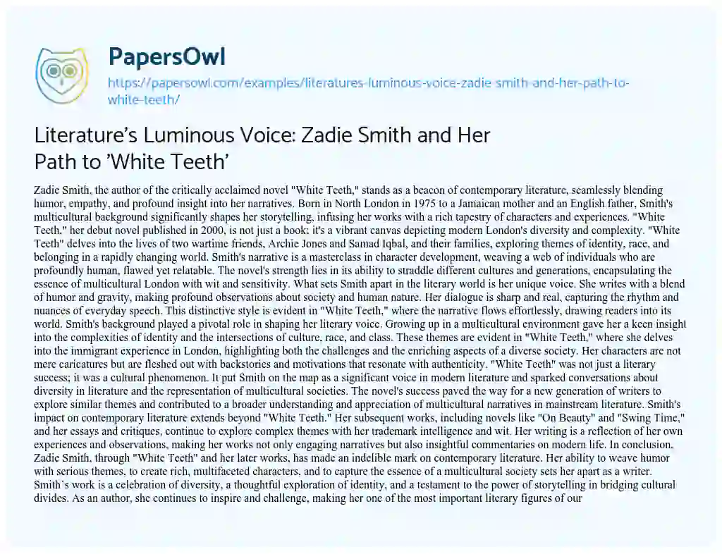 Essay on Literature’s Luminous Voice: Zadie Smith and her Path to ‘White Teeth’