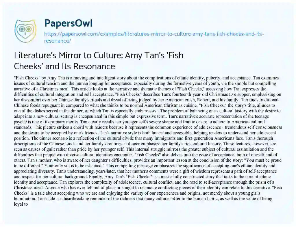 Essay on Literature’s Mirror to Culture: Amy Tan’s ‘Fish Cheeks’ and its Resonance
