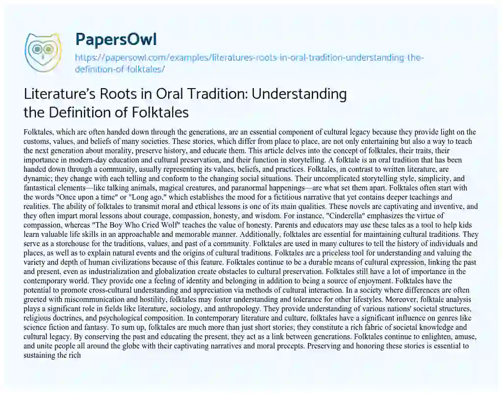 Essay on Literature’s Roots in Oral Tradition: Understanding the Definition of Folktales
