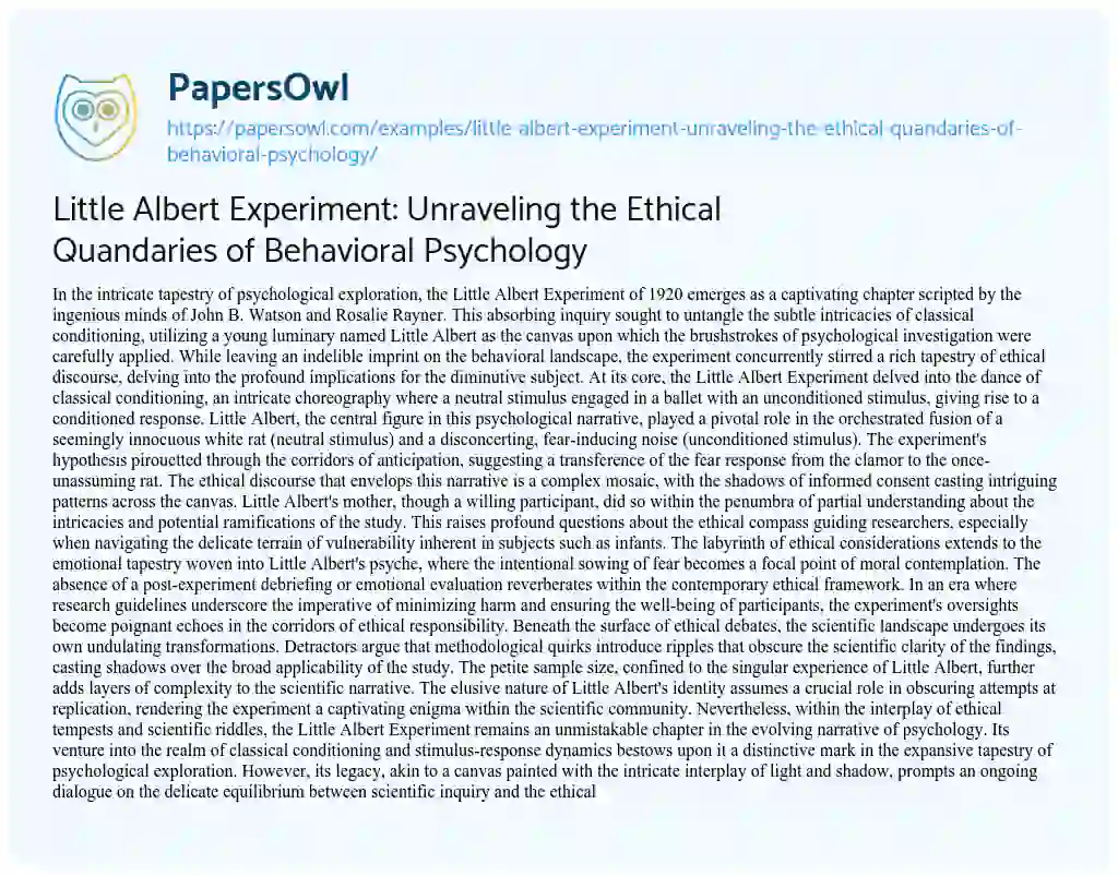 Essay on Little Albert Experiment: Unraveling the Ethical Quandaries of Behavioral Psychology