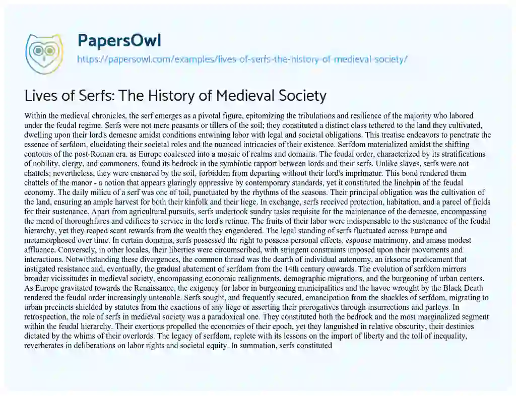 Essay on Lives of Serfs: the History of Medieval Society