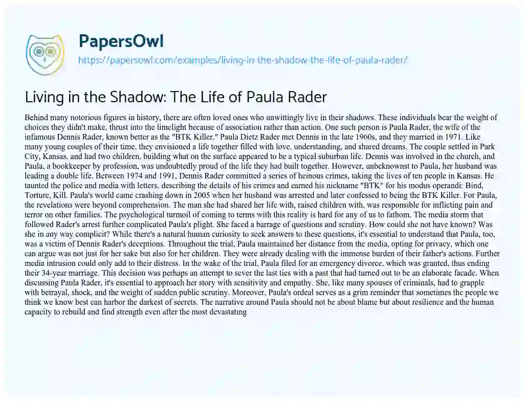 Essay on Living in the Shadow: the Life of Paula Rader