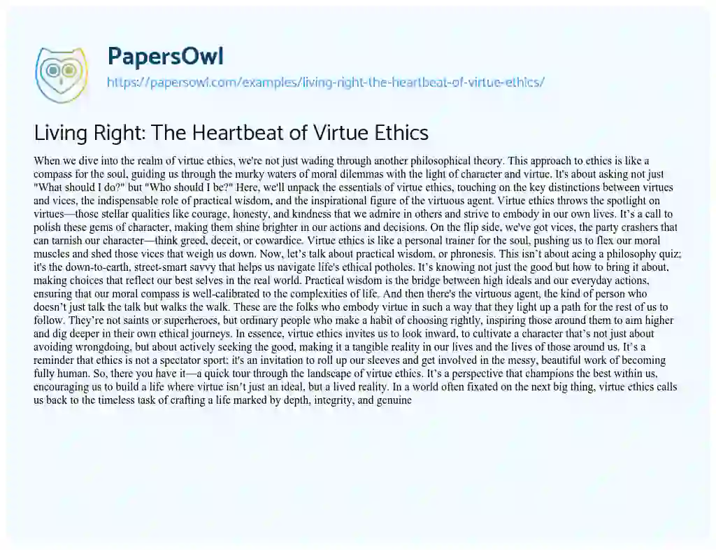 Essay on Living Right: the Heartbeat of Virtue Ethics