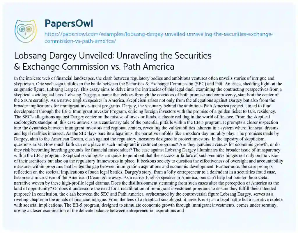 Essay on Lobsang Dargey Unveiled: Unraveling the Securities & Exchange Commission vs. Path America