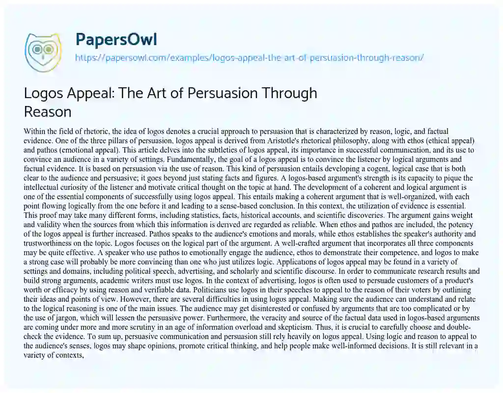 Essay on Logos Appeal: the Art of Persuasion through Reason