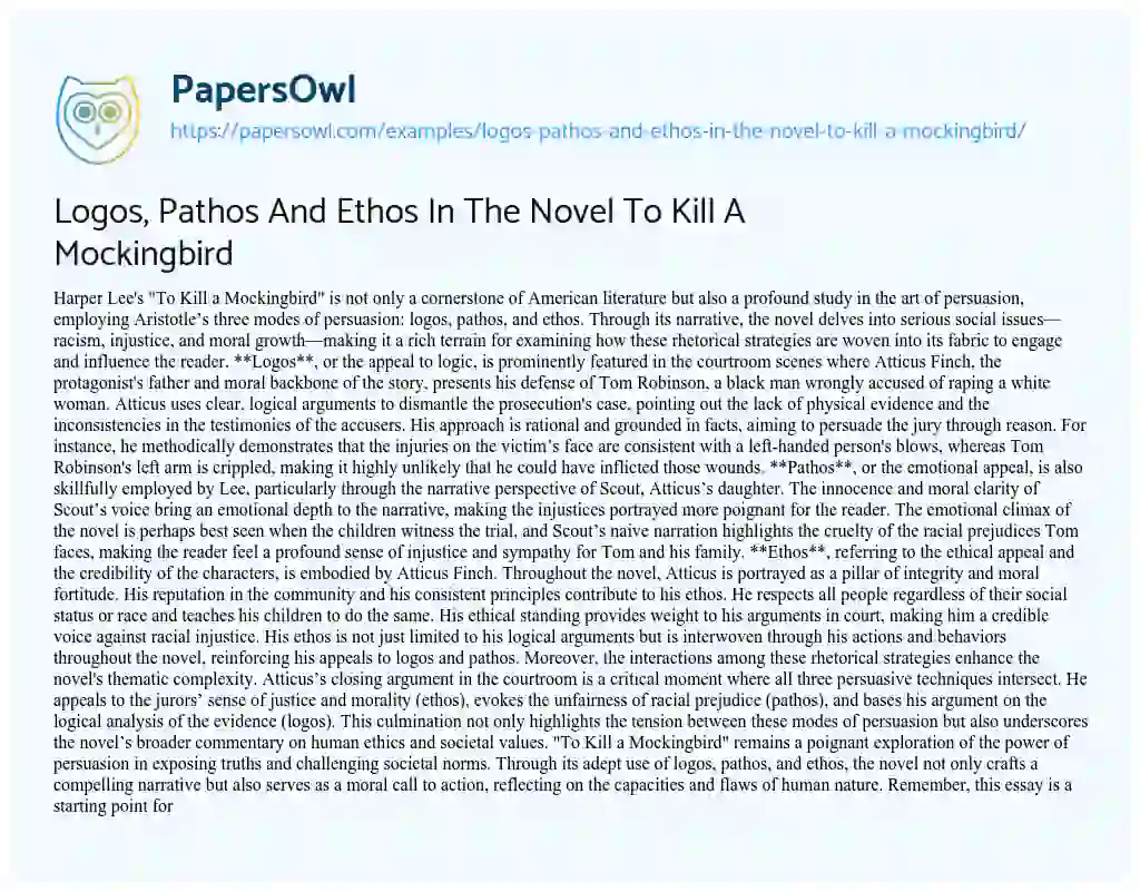 Essay on Logos, Pathos and Ethos in the Novel to Kill a Mockingbird