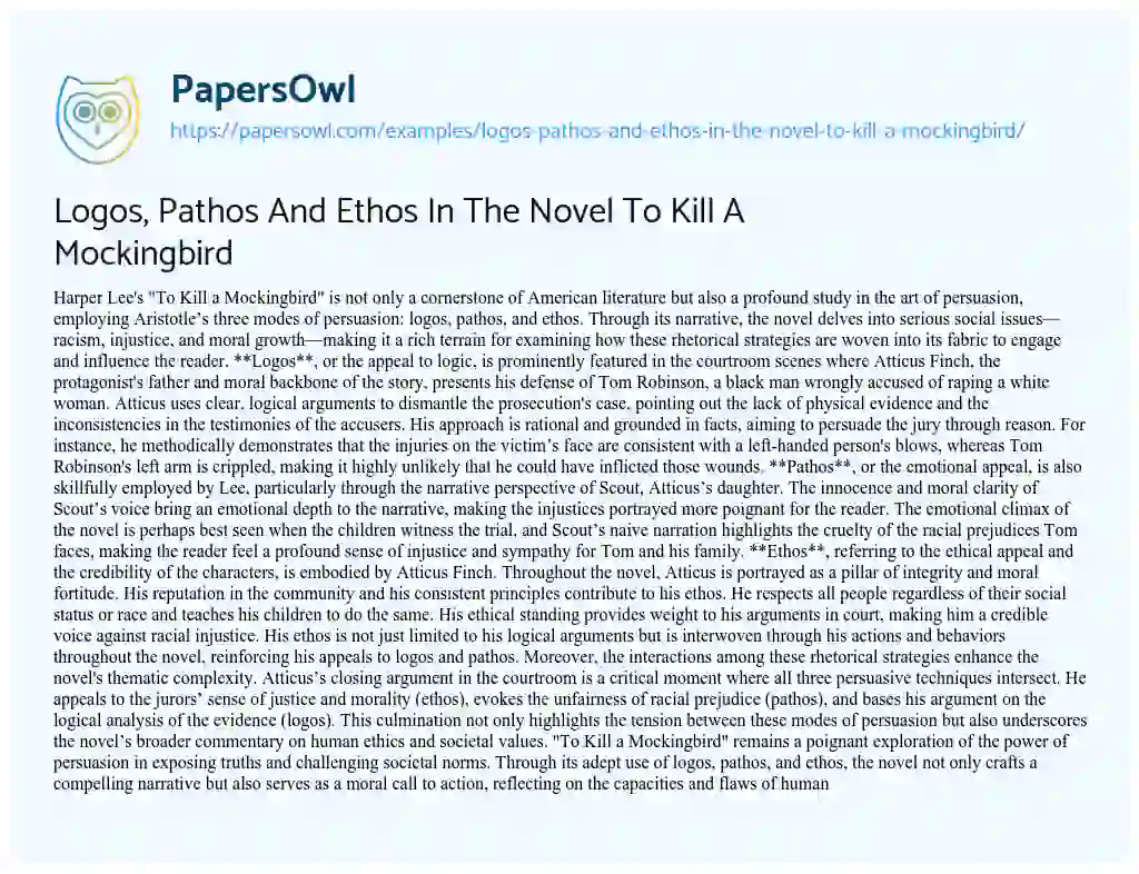 Essay on Logos, Pathos and Ethos in the Novel to Kill a Mockingbird