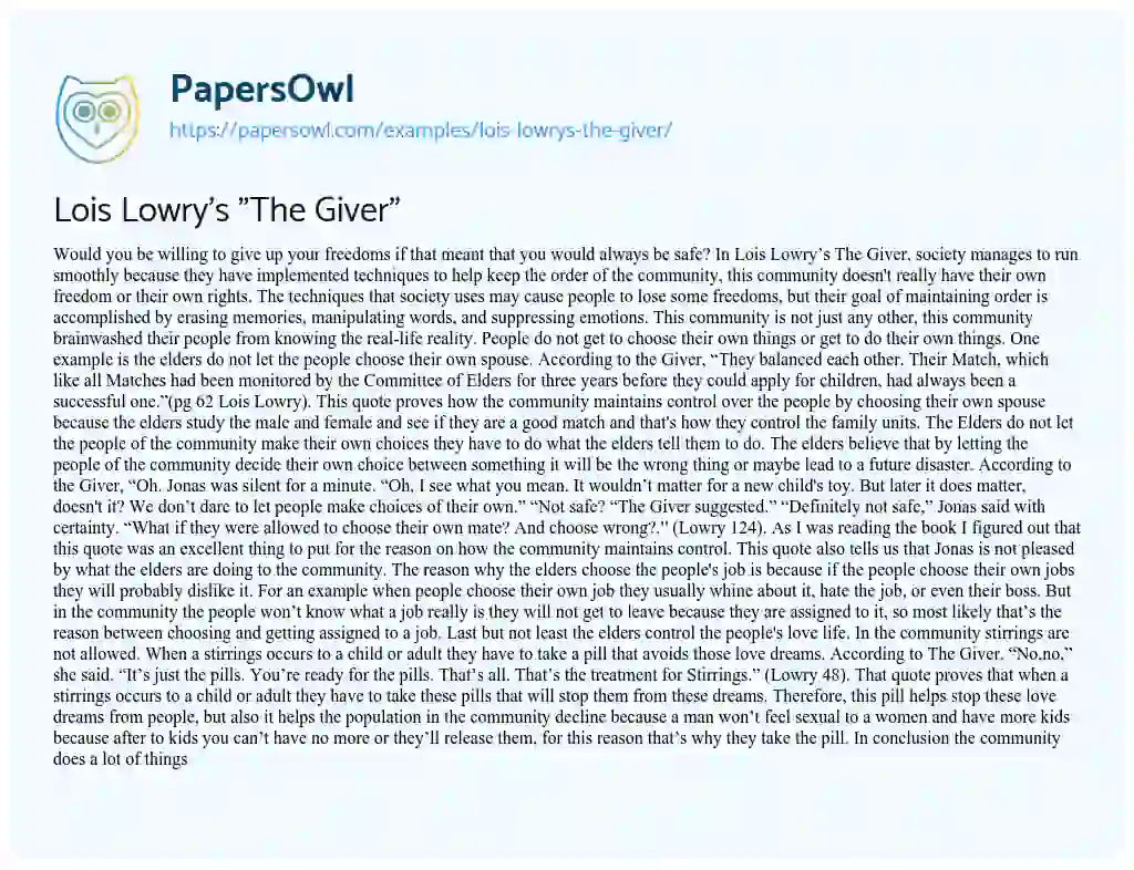 Essay on Lois Lowry’s “The Giver”