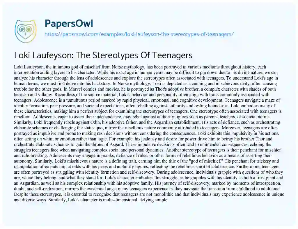 Essay on Loki Laufeyson: the Stereotypes of Teenagers