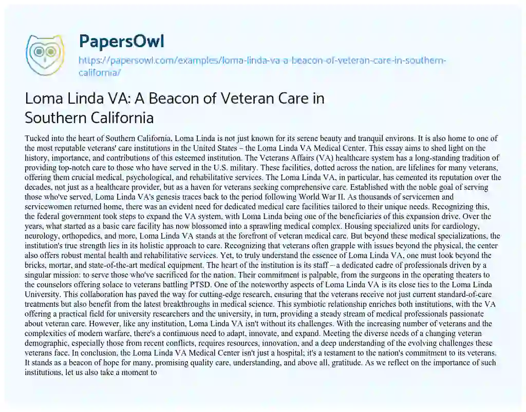 Essay on Loma Linda VA: a Beacon of Veteran Care in Southern California