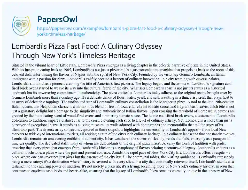 Essay on Lombardi’s Pizza Fast Food: a Culinary Odyssey through New York’s Timeless Heritage