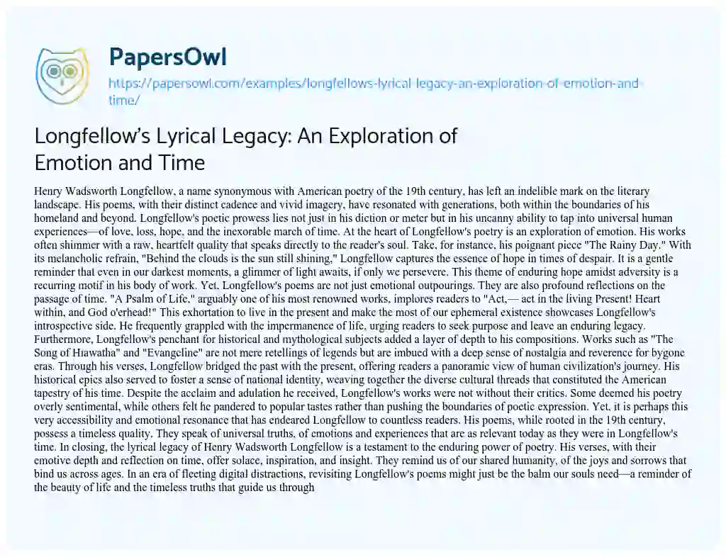 Essay on Longfellow’s Lyrical Legacy: an Exploration of Emotion and Time