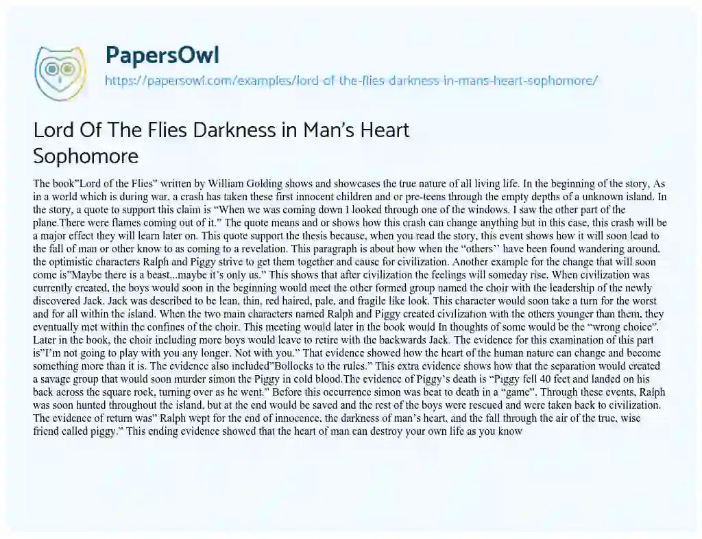Lord of the Flies Darkness in Man’s Heart Sophomore essay