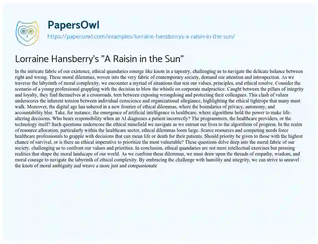 Essay on Lorraine Hansberry’s “A Raisin in the Sun”