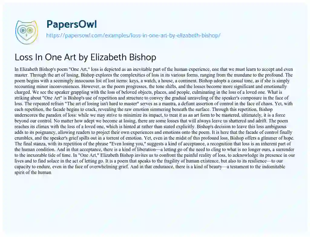 Essay on Loss in One Art by Elizabeth Bishop