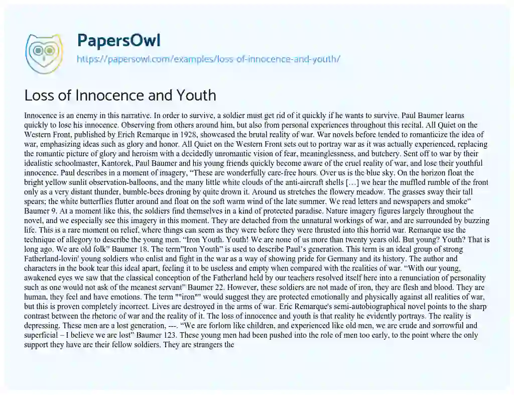 Essay on Loss of Innocence and Youth