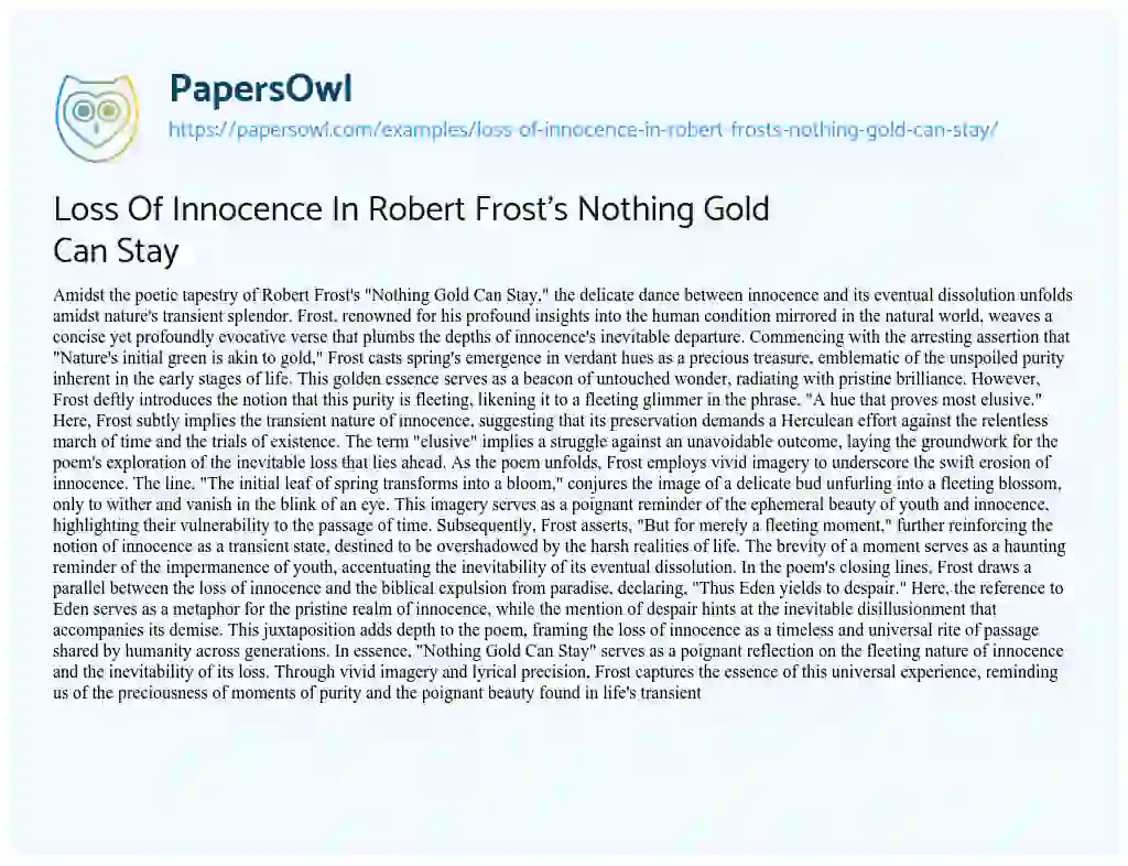 Essay on Loss of Innocence in Robert Frost’s Nothing Gold Can Stay