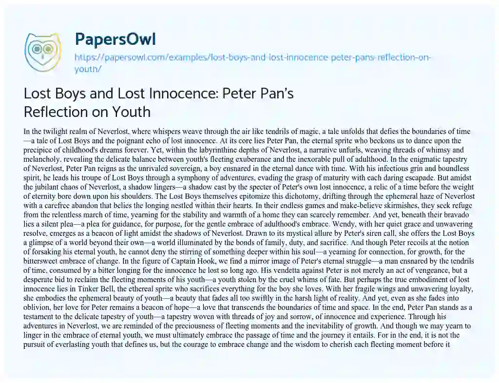 Essay on Lost Boys and Lost Innocence: Peter Pan’s Reflection on Youth