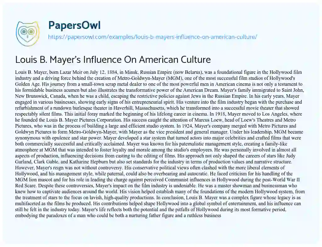 Essay on Louis B. Mayer’s Influence on American Culture