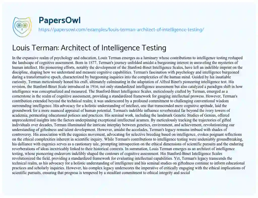 Essay on Louis Terman: Architect of Intelligence Testing