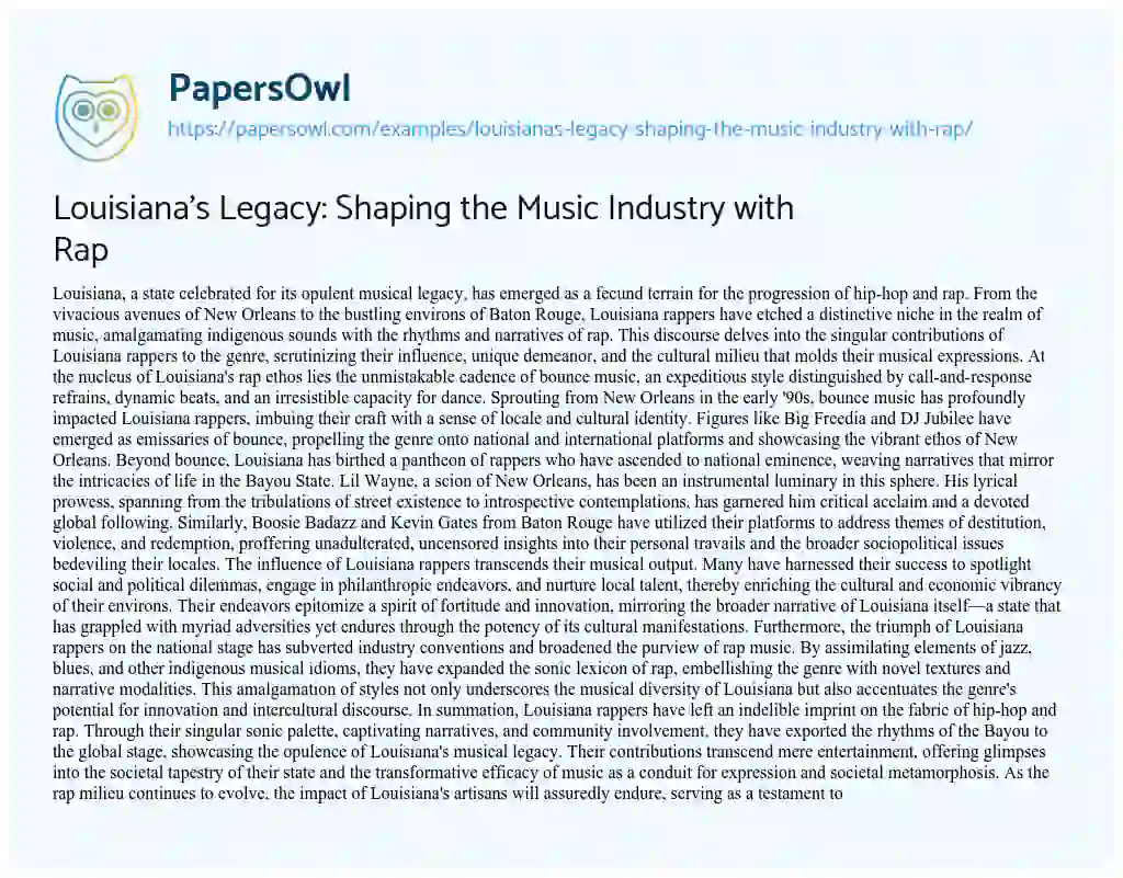 Essay on Louisiana’s Legacy: Shaping the Music Industry with Rap