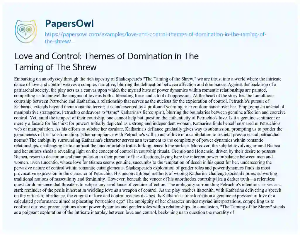 Essay on Love and Control: Themes of Domination in the Taming of the Shrew